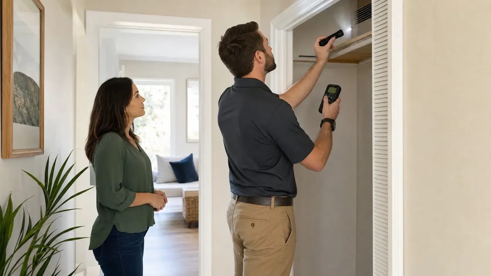 Technician conducting a moisture inspection for signs of mold in house