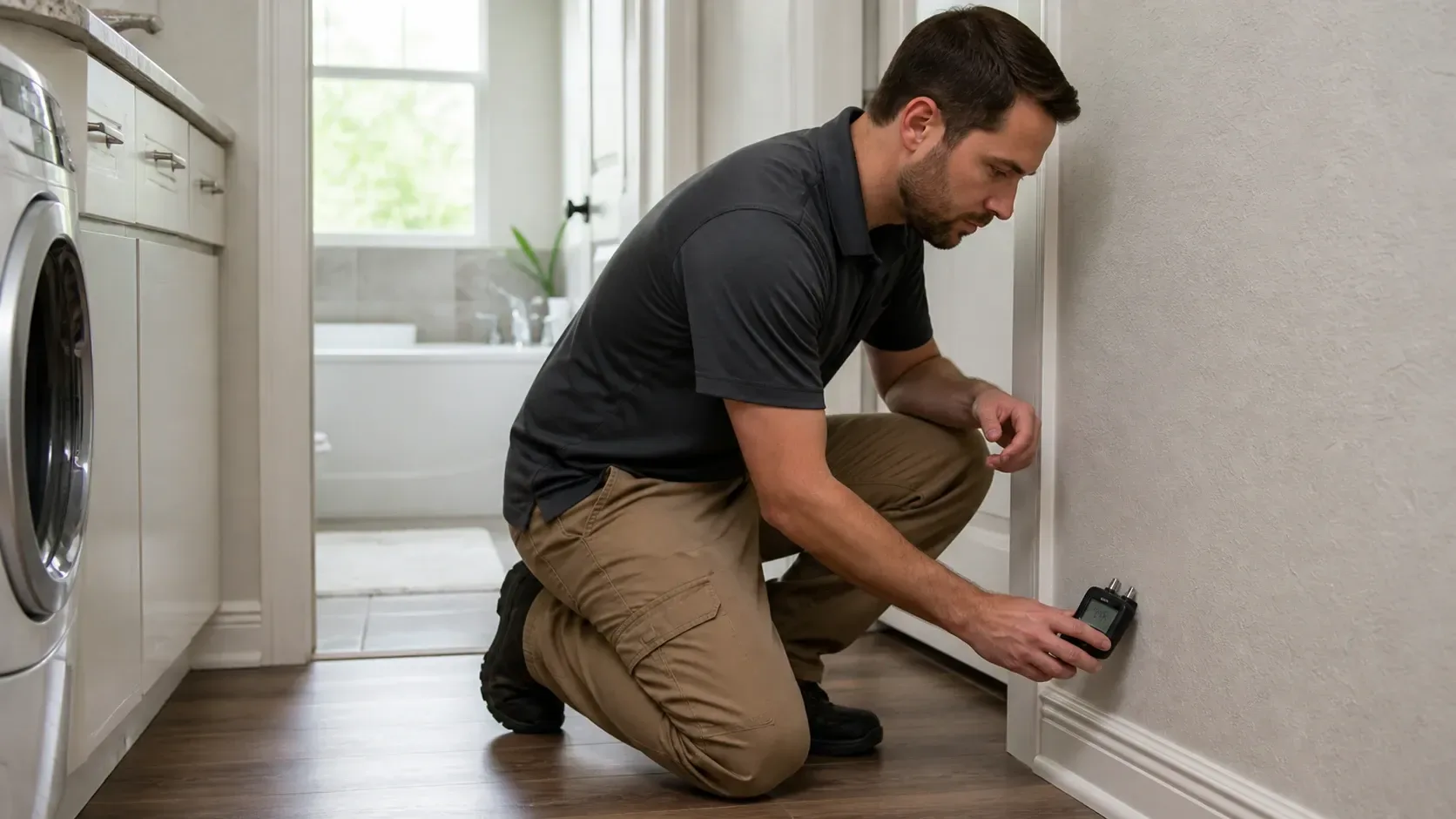 Technician conducting a moisture inspection for how fast does mold grow after water damage