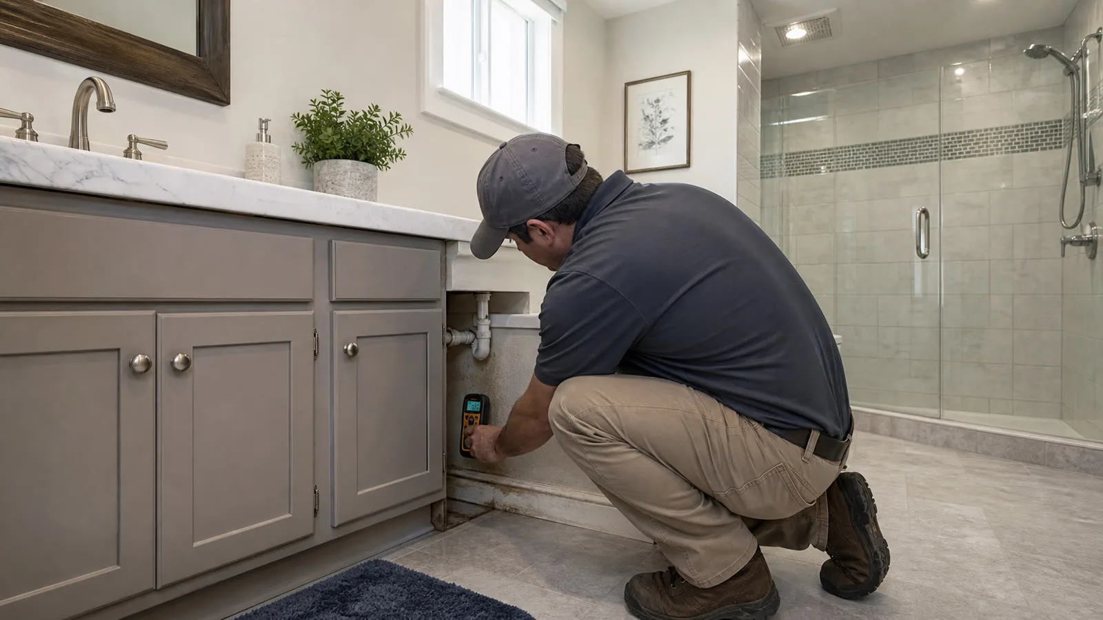 Illustrative moisture inspection beside a bathroom vanity in an Orlando home