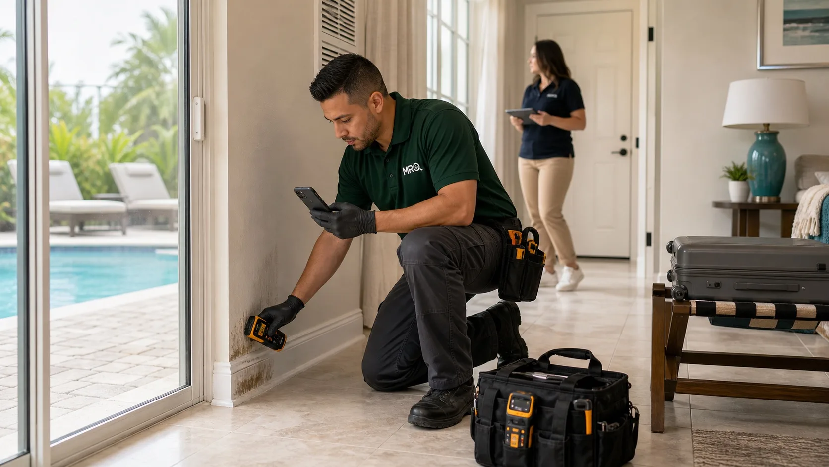 MRO technician checking moisture near a patio door in a Kissimmee vacation rental