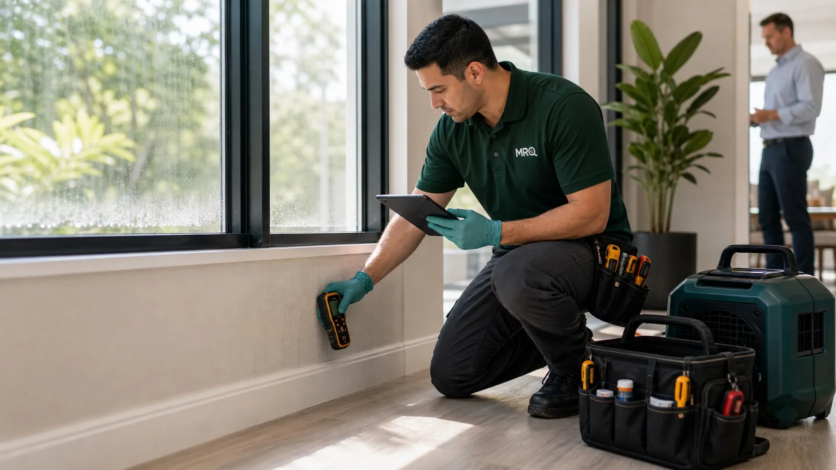 MRO technician documenting moisture readings in a modern Lake Nona property
