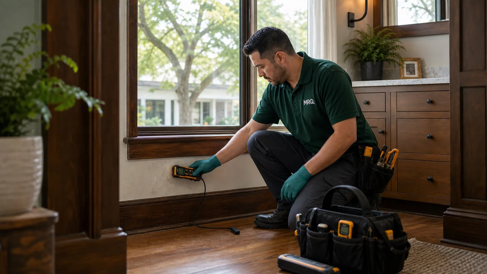 MRO technician inspecting baseboard moisture in an older Winter Park home